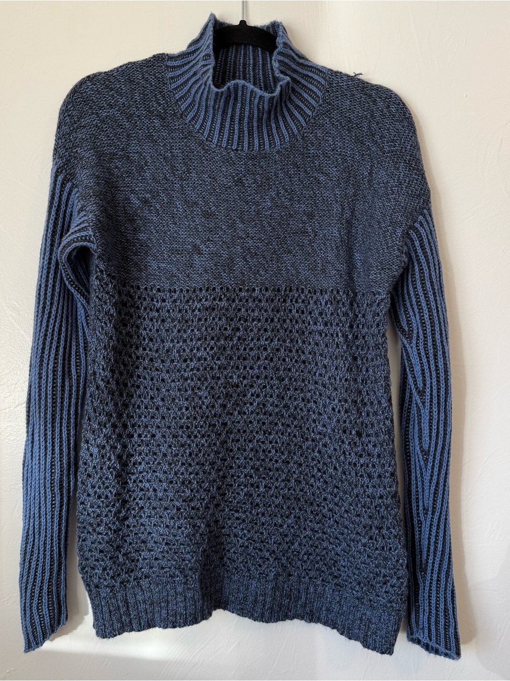 Toad&Co Knit Mock-Neck Pullover Sweater Merino Wool Blue & Black Small